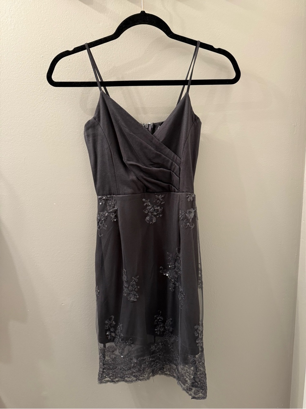 Women's Charcoal Gray Spaghetti Strap Lace-Trim Dress